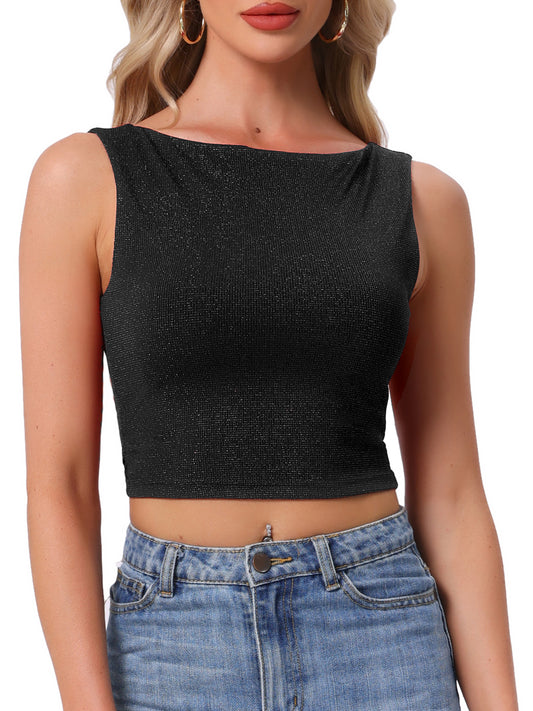 Women's Tank Glitter Boat Neck Sleeveless Crop Top