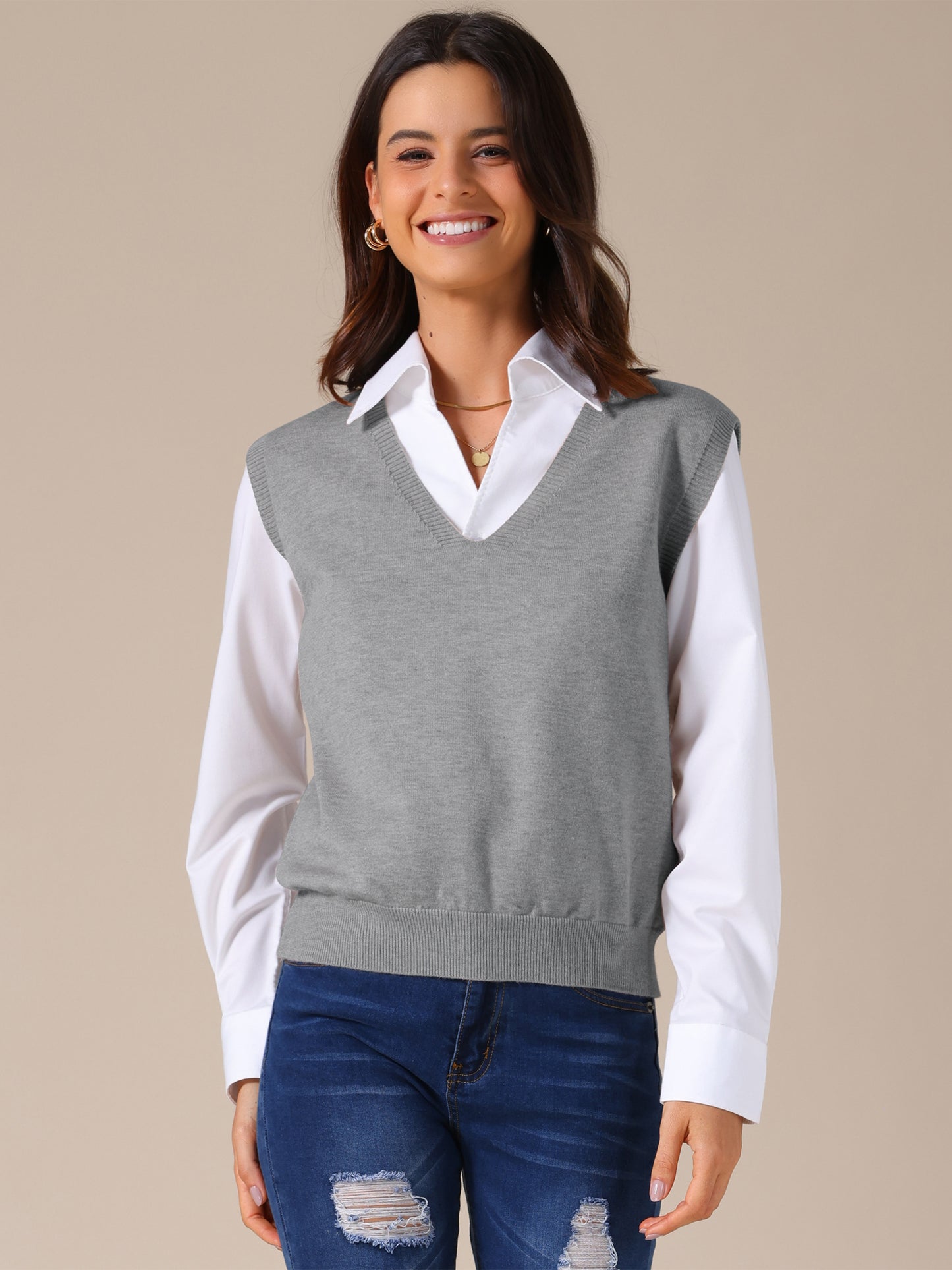 Women's Sweater Vest V Neck Sleeveless Classic Knitted Pullover Top