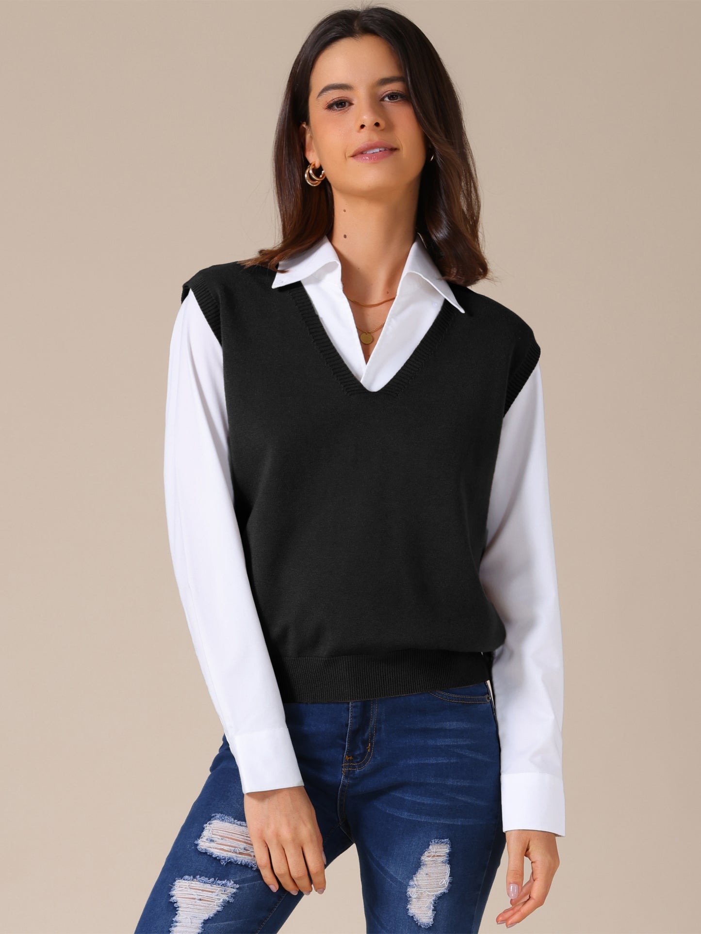 Women's Sweater Vest V Neck Sleeveless Classic Knitted Pullover Top