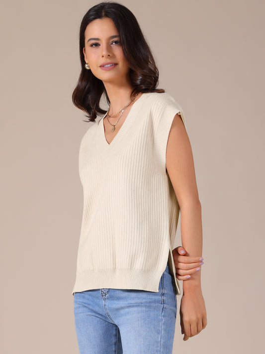 Women's V Neck Sweater Vest Ribbed Sleeveless Slit Stretchy Basic Casual Fall Winter Tank Top