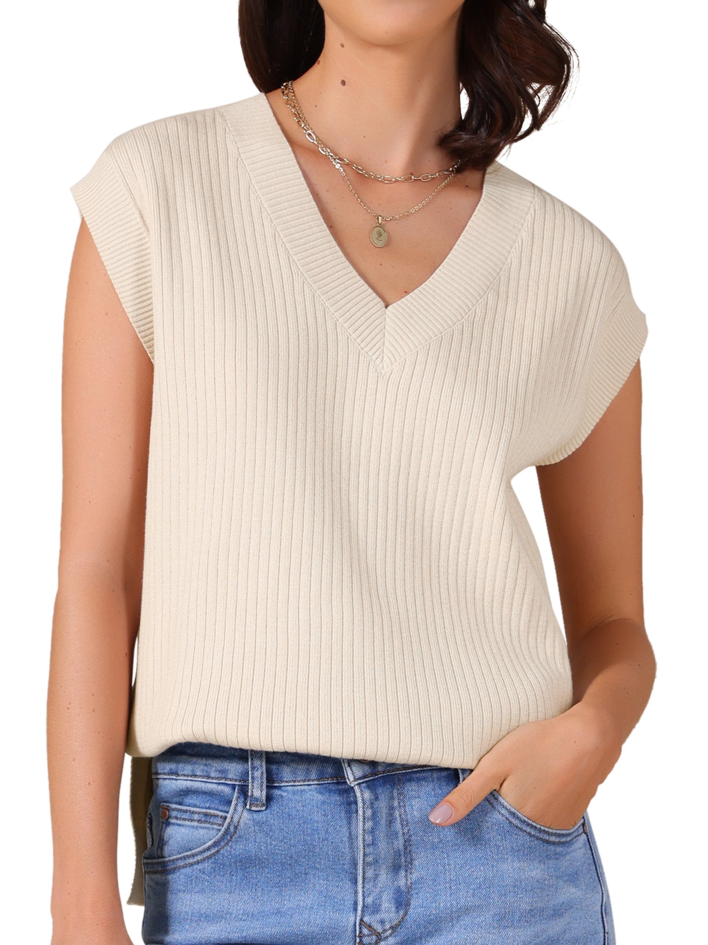 Women's V Neck Sweater Vest Ribbed Sleeveless Slit Stretchy Basic Casual Fall Winter Tank Top