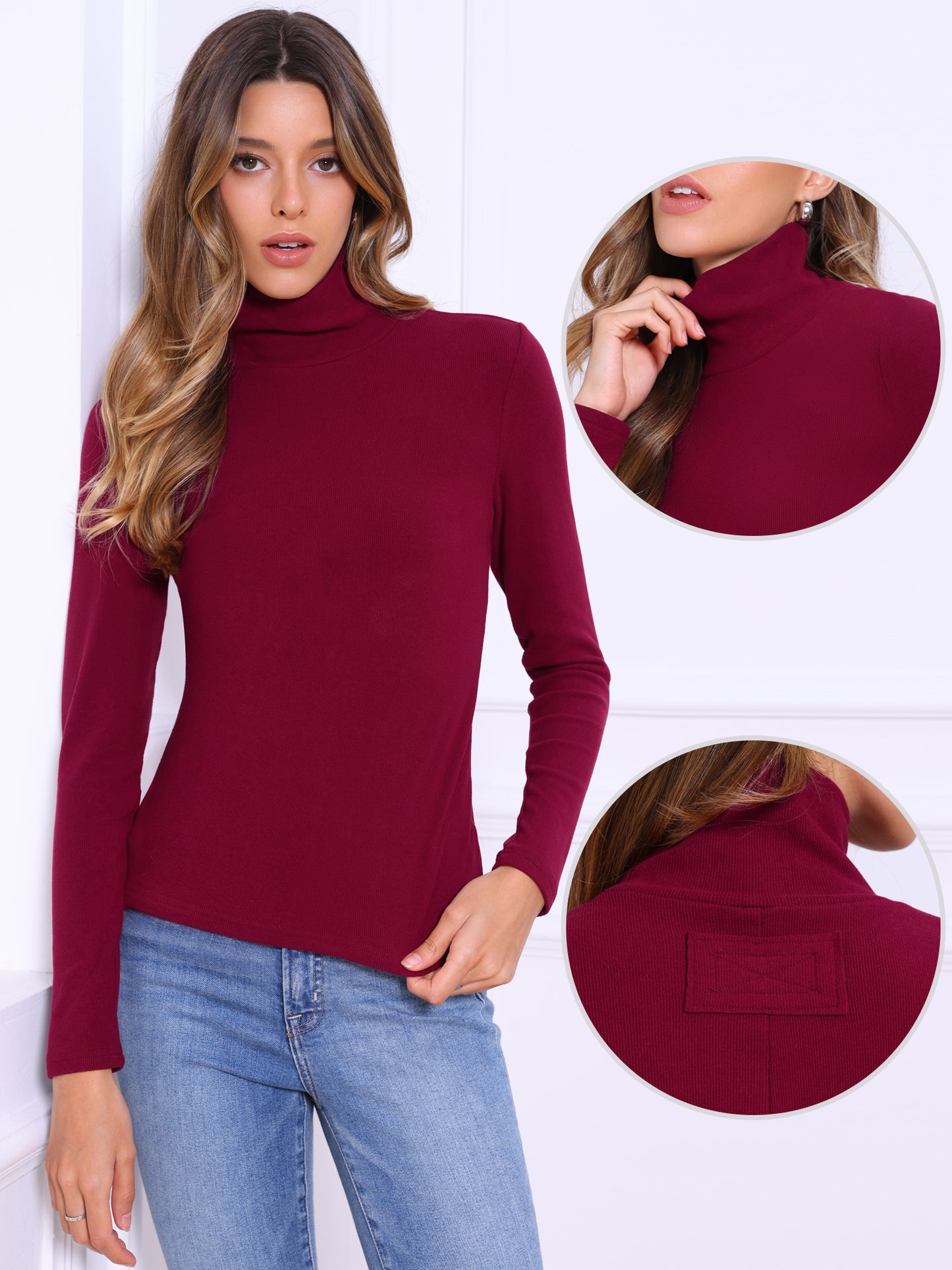 Women Long Sleeve Sweaters Tops Mock Turtle Neck Slim Fit Tee Casual Pullover Cashmere Sweater