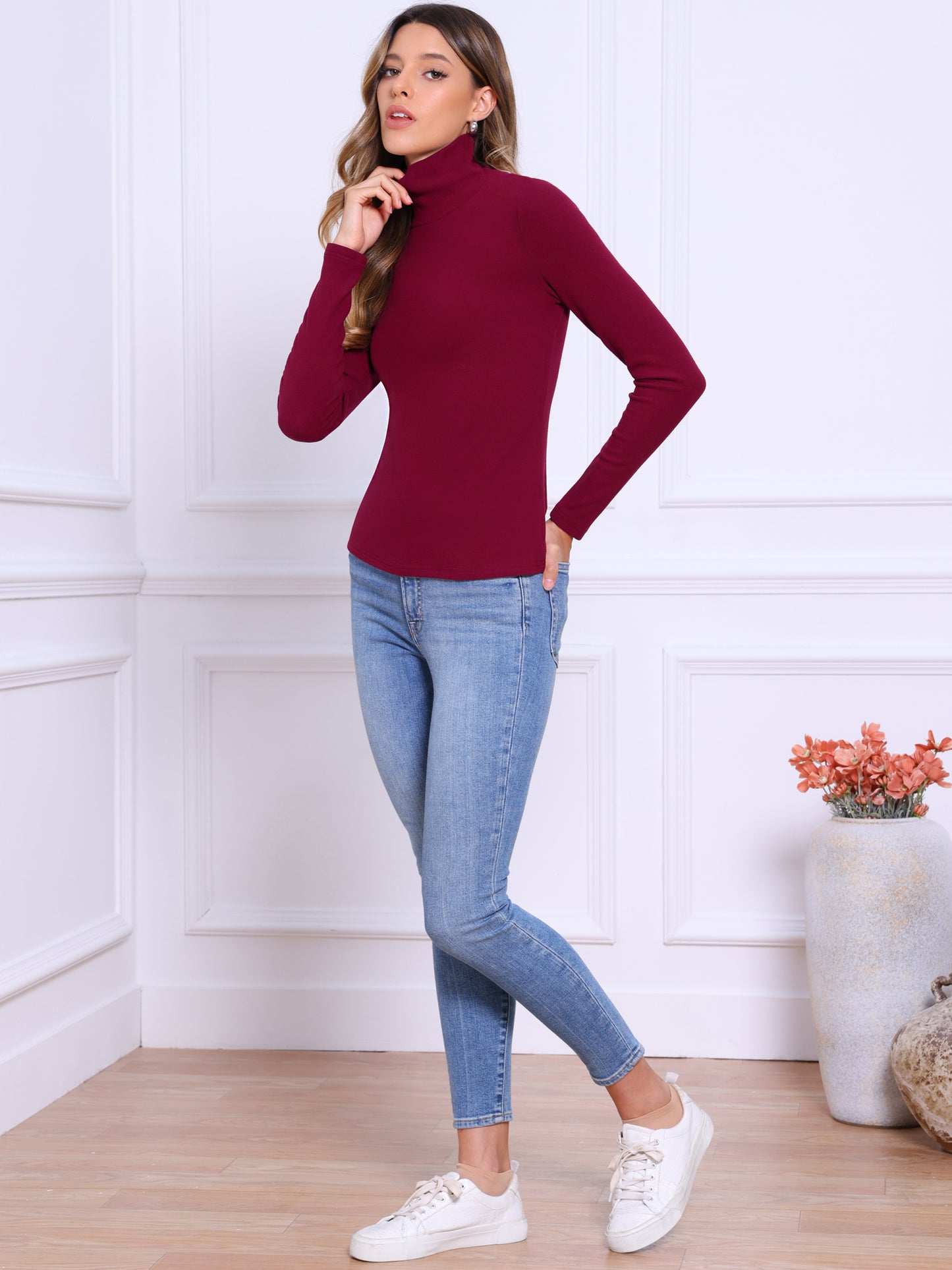 Women Long Sleeve Sweaters Tops Mock Turtle Neck Slim Fit Tee Casual Pullover Cashmere Sweater