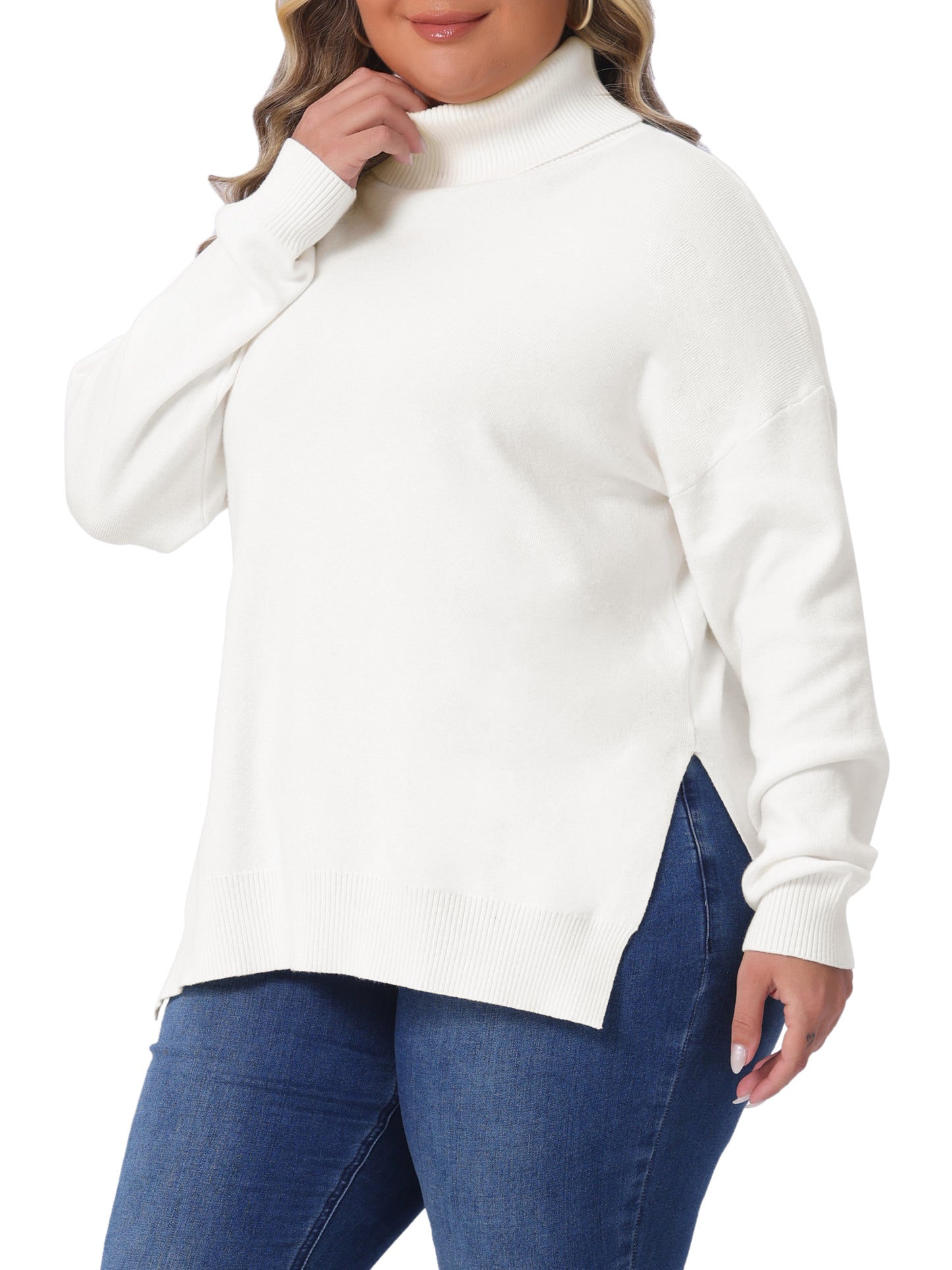 Women Plus Size Sweaters Turtle Neck Long Sleeve Side Slit Casual Loose Pullover Knit Top