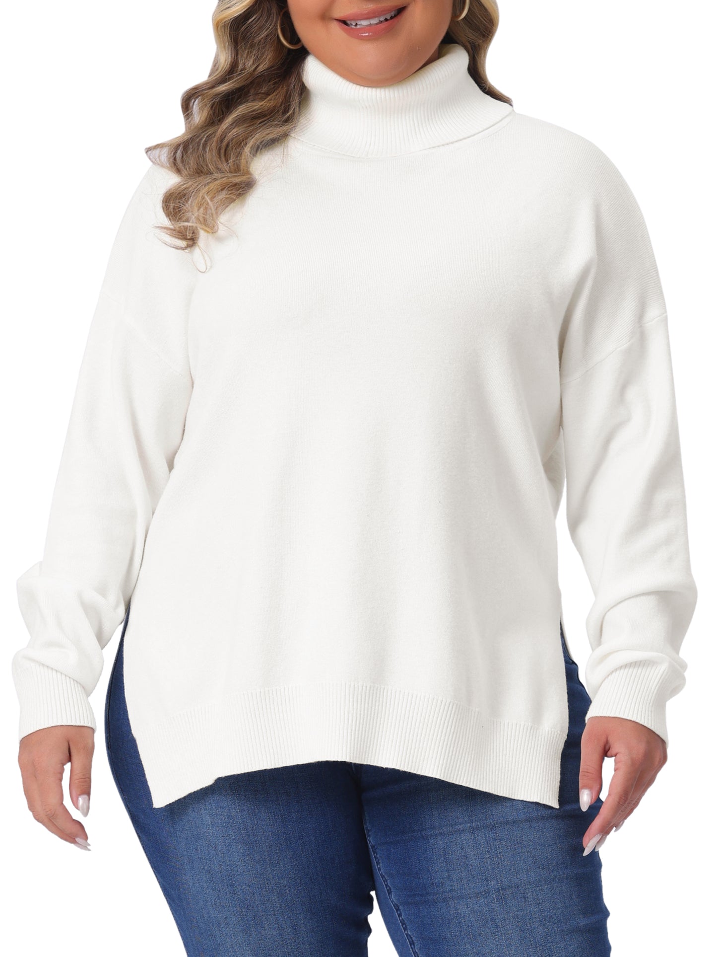 Women Plus Size Sweaters Turtle Neck Long Sleeve Side Slit Casual Loose Pullover Knit Top
