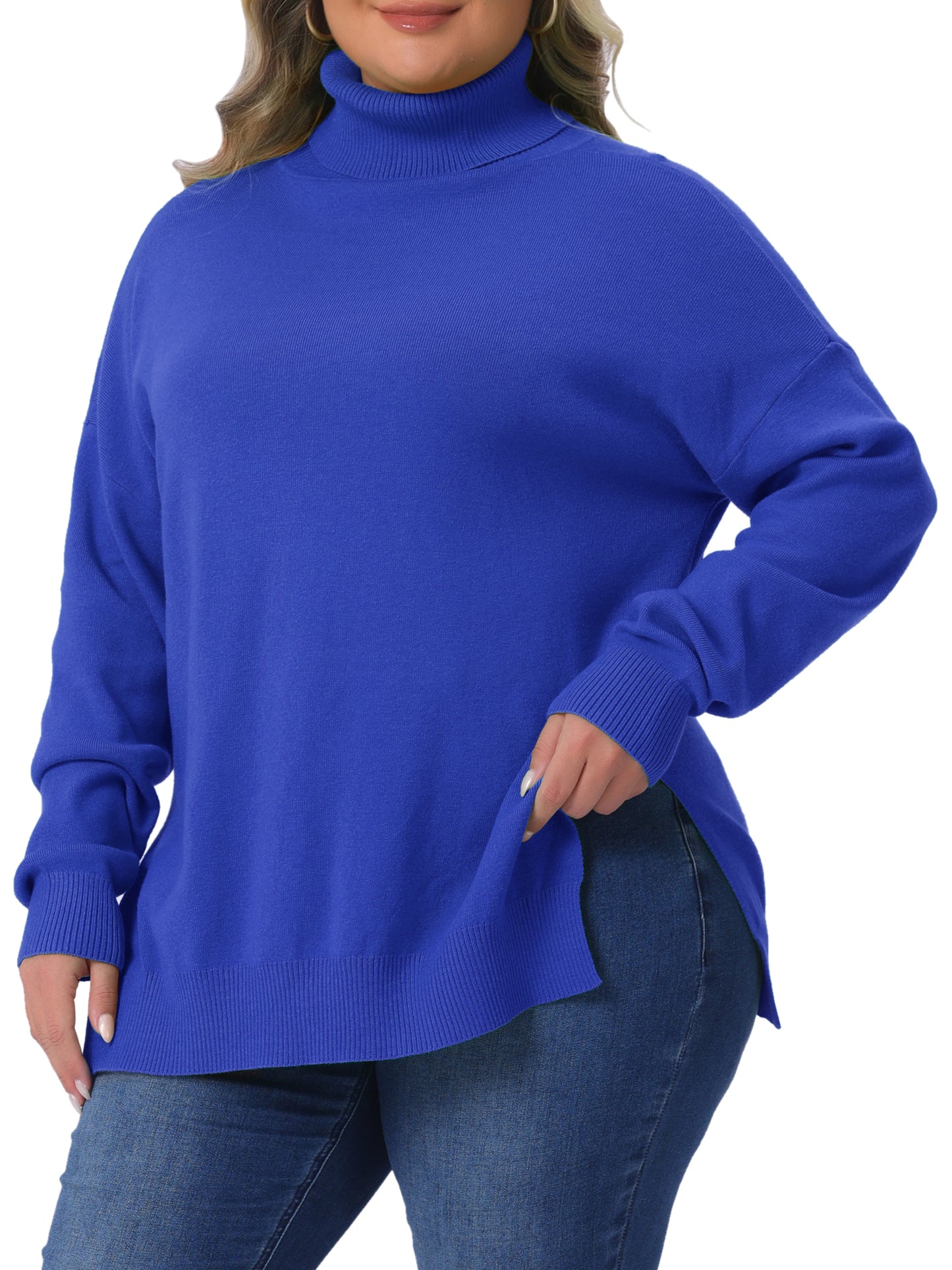 Women Plus Size Sweaters Turtle Neck Long Sleeve Side Slit Casual Loose Pullover Knit Top