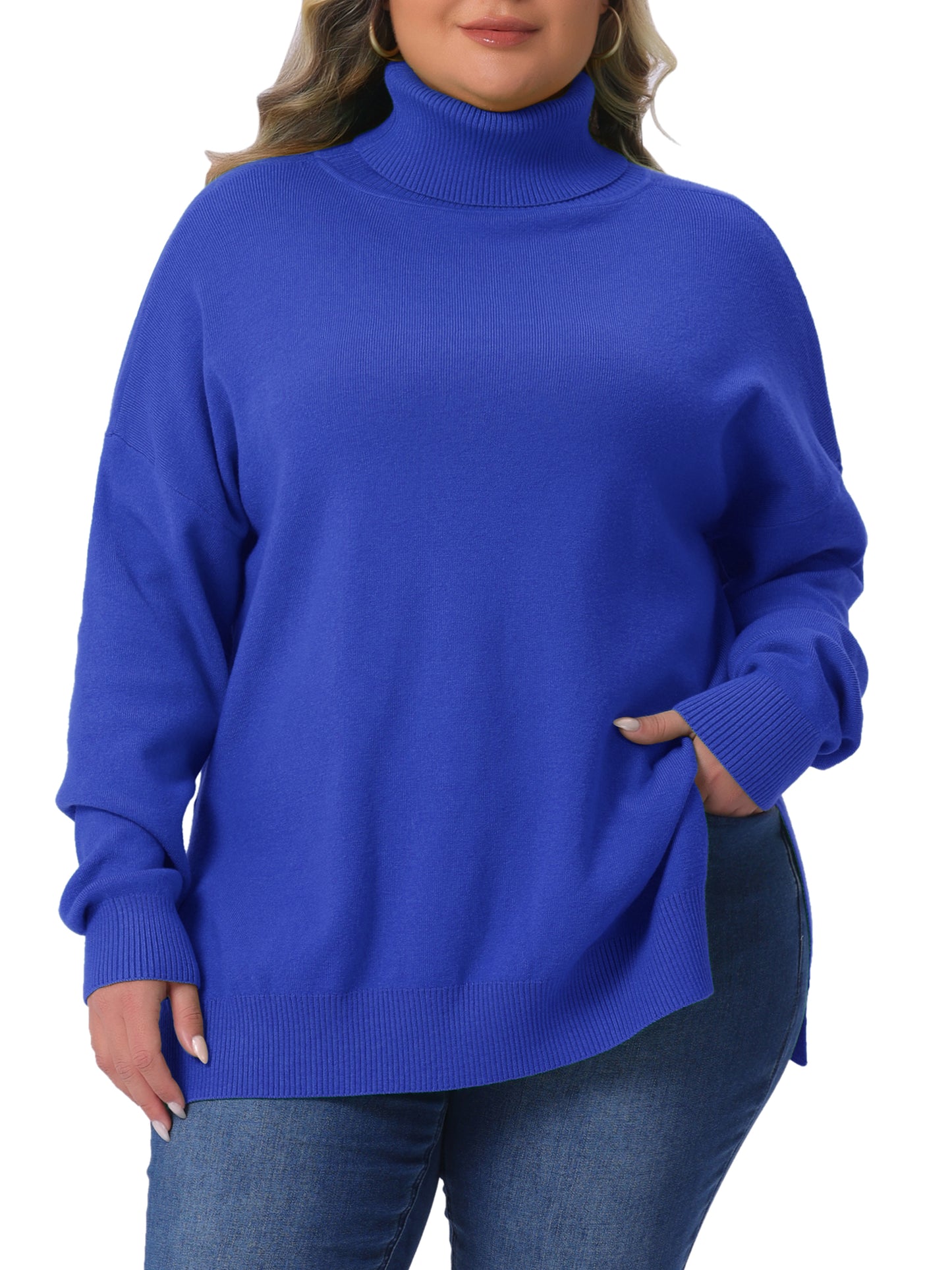 Women Plus Size Sweaters Turtle Neck Long Sleeve Side Slit Casual Loose Pullover Knit Top
