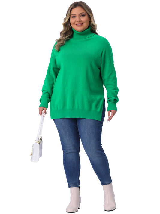 Women Plus Size Sweaters Turtle Neck Long Sleeve Side Slit Casual Loose Pullover Knit Top