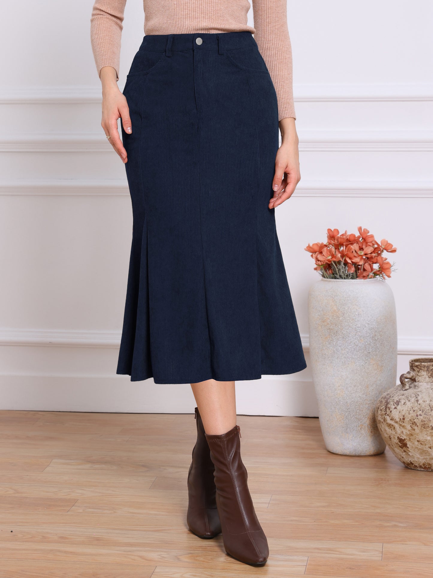 Women Winter Fall High Waist Corduroy Elegant Fishtail Midi Skirt