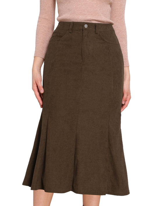 Women Winter Fall High Waist Corduroy Elegant Fishtail Midi Skirt