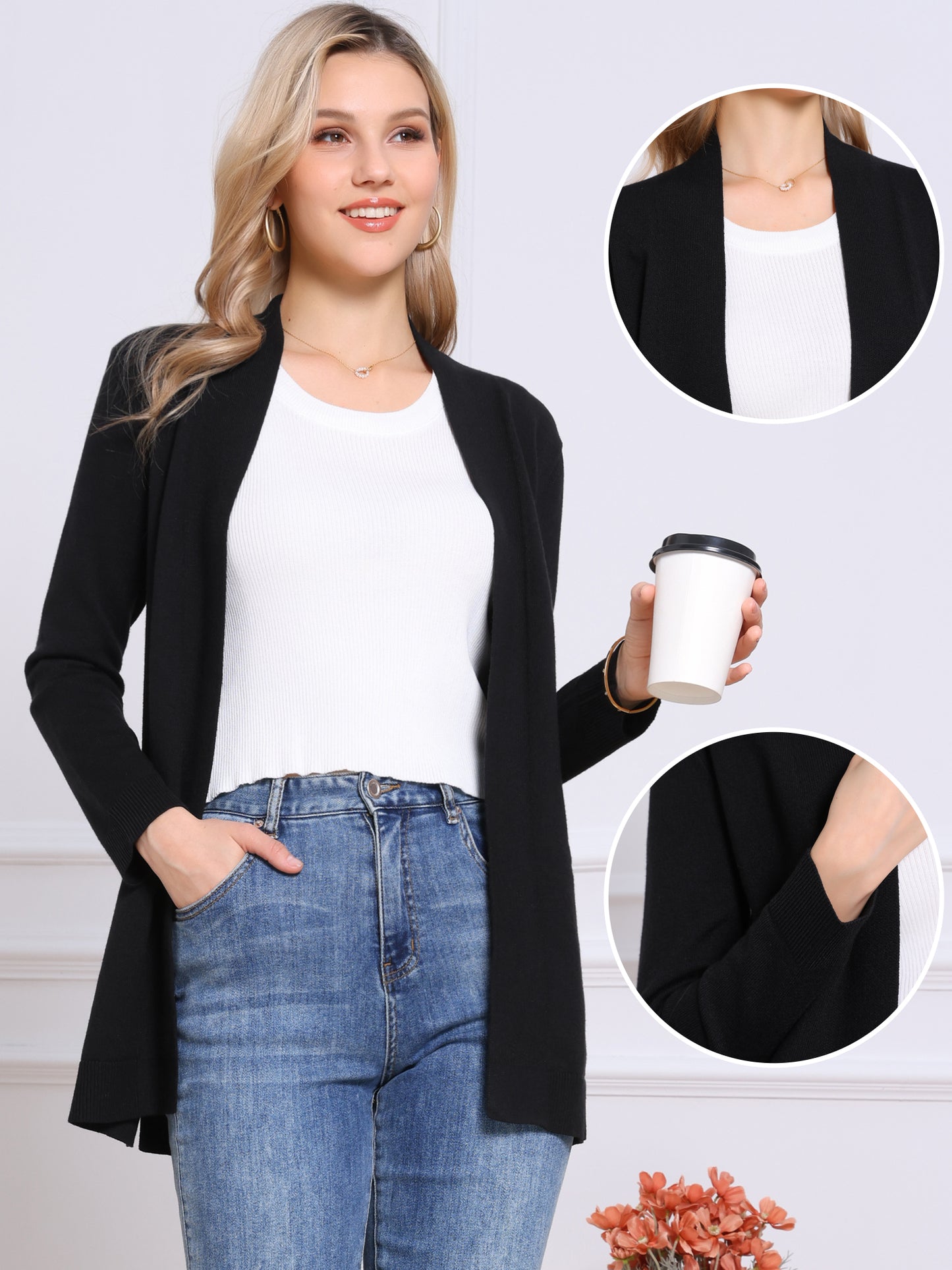 Suéter de punto informal de manga larga con abertura frontal para mujer, elástico, para otoño e invierno