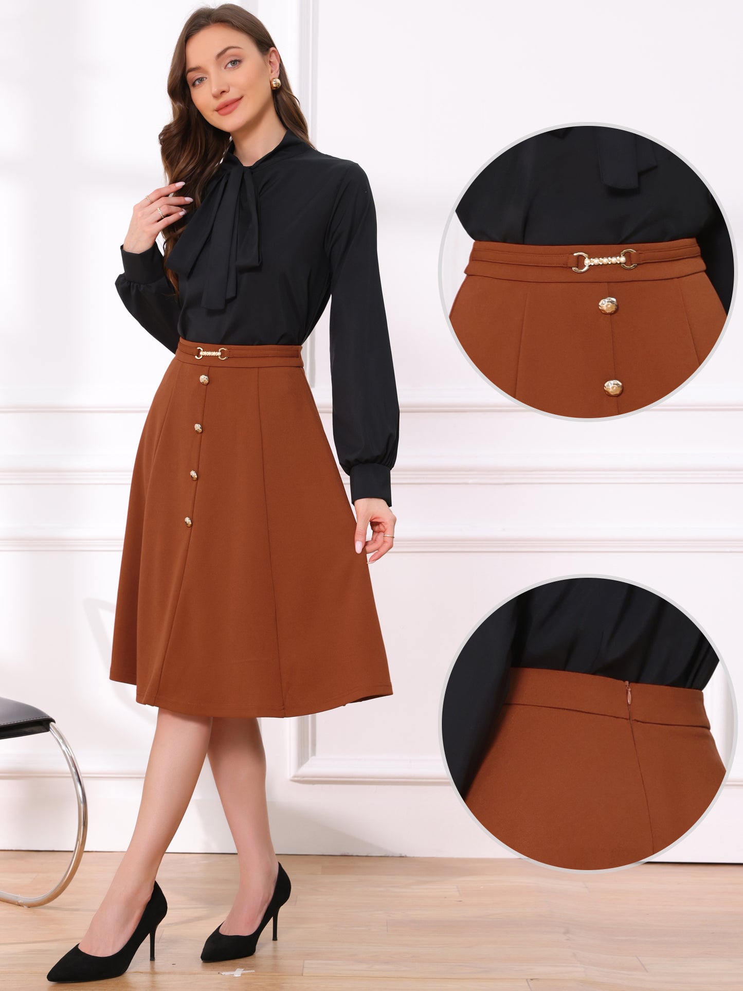 Falda midi plisada de cintura alta estilo vintage para mujer