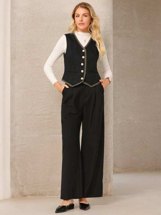 Women's Tweed Blazer Vest Button Down V Neck Business Casual Waistcoat
