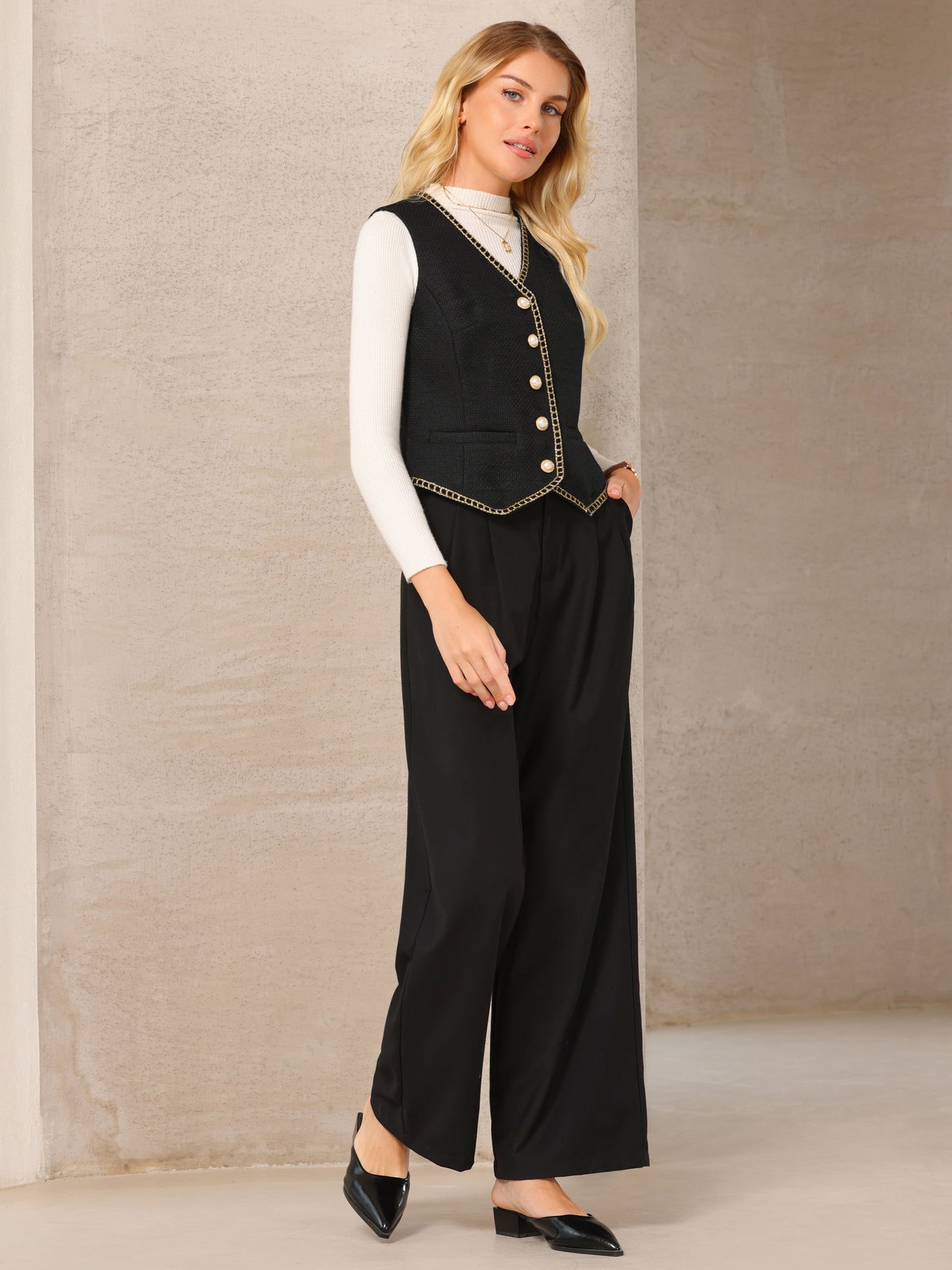 Women's Tweed Blazer Vest Button Down V Neck Business Casual Waistcoat