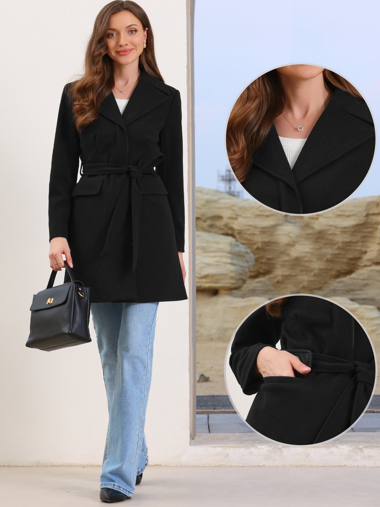 Women's Winter Pea Coats Lapel Collar Trench Overcoat with Belt