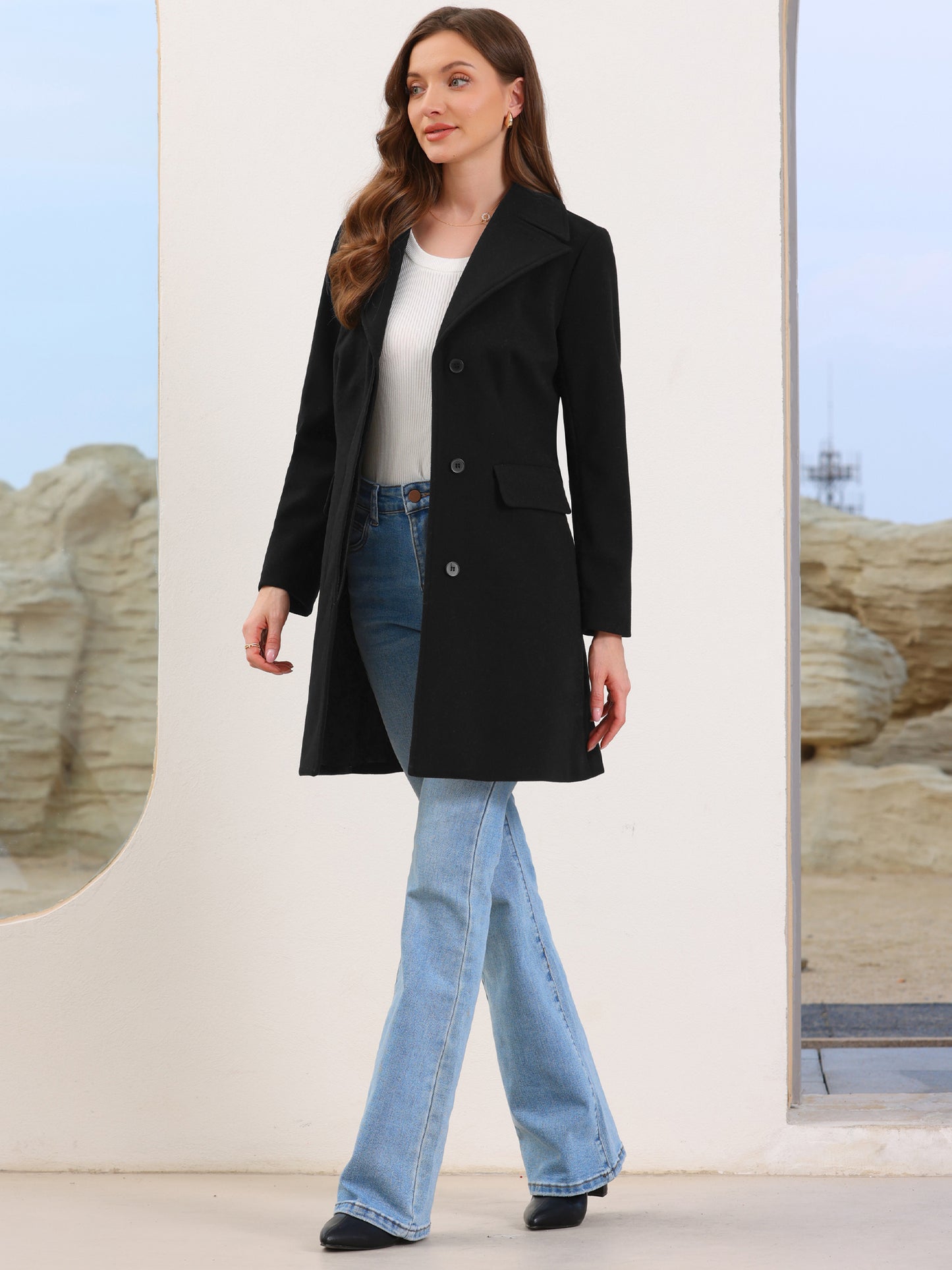 Women's Winter Pea Coats Lapel Collar Trench Overcoat with Belt