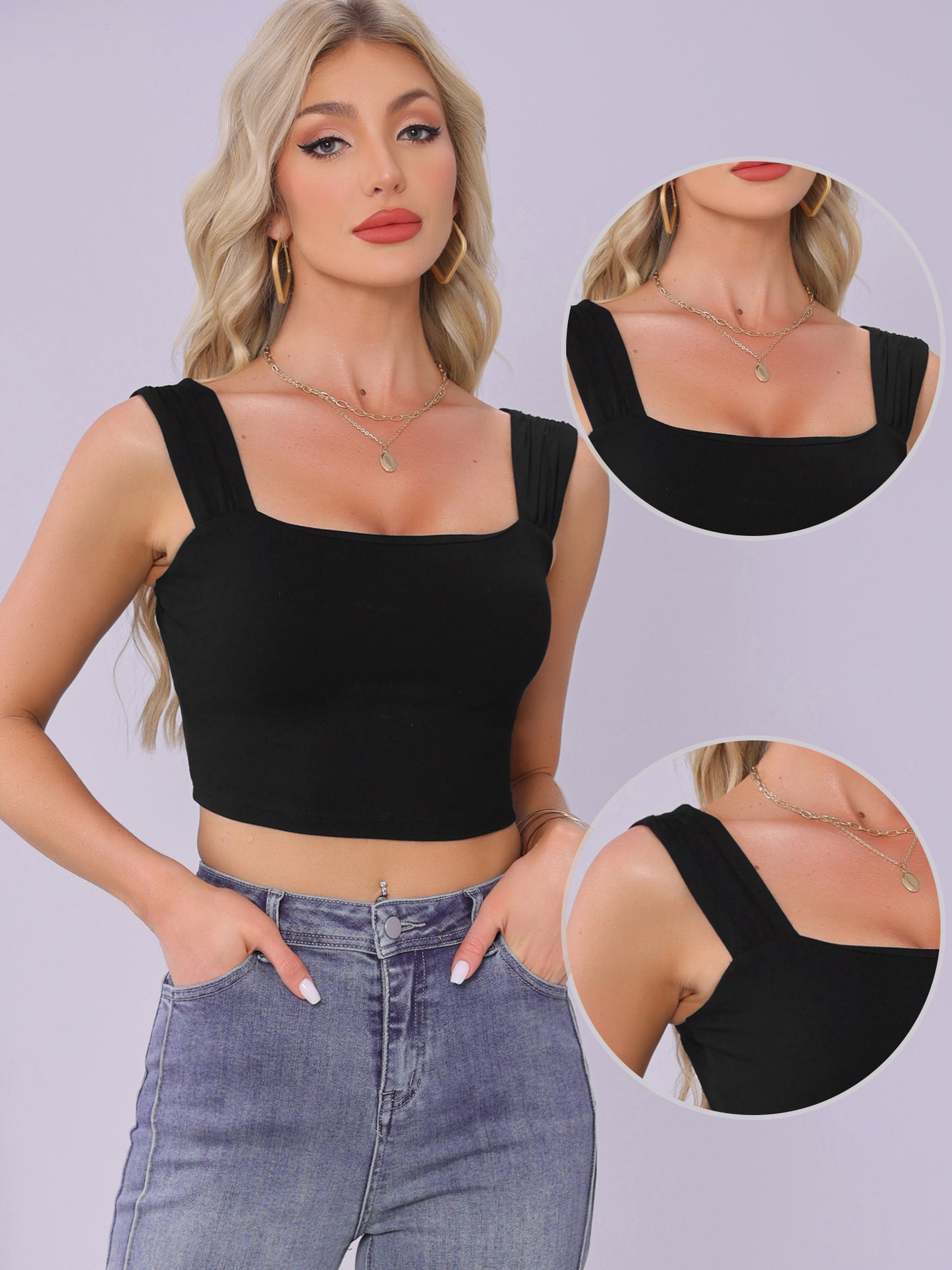 Women Strappy Tank Top Sleeveless Square Neck Fitted Night Out Party Crop Top