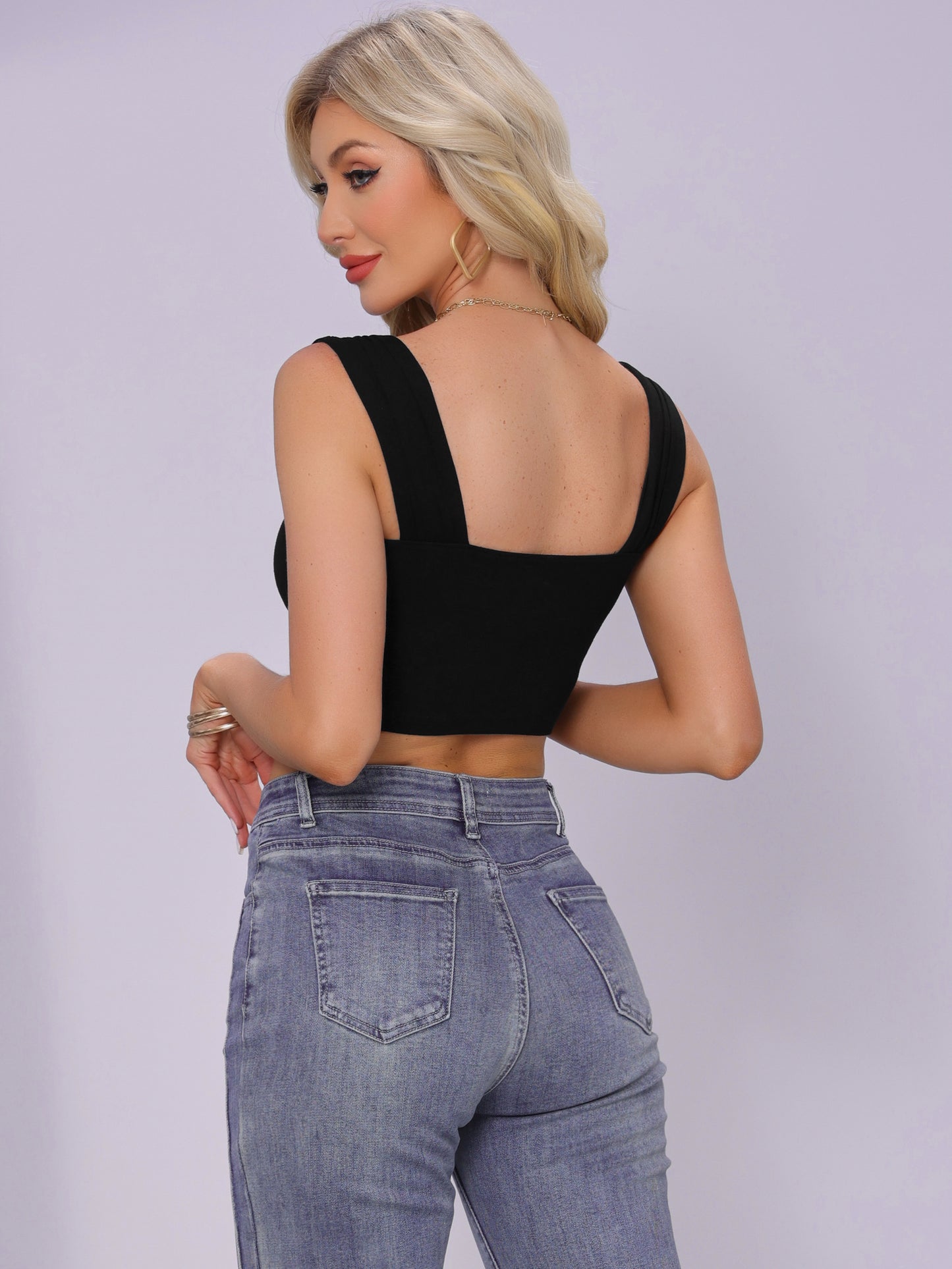 Women Strappy Tank Top Sleeveless Square Neck Fitted Night Out Party Crop Top
