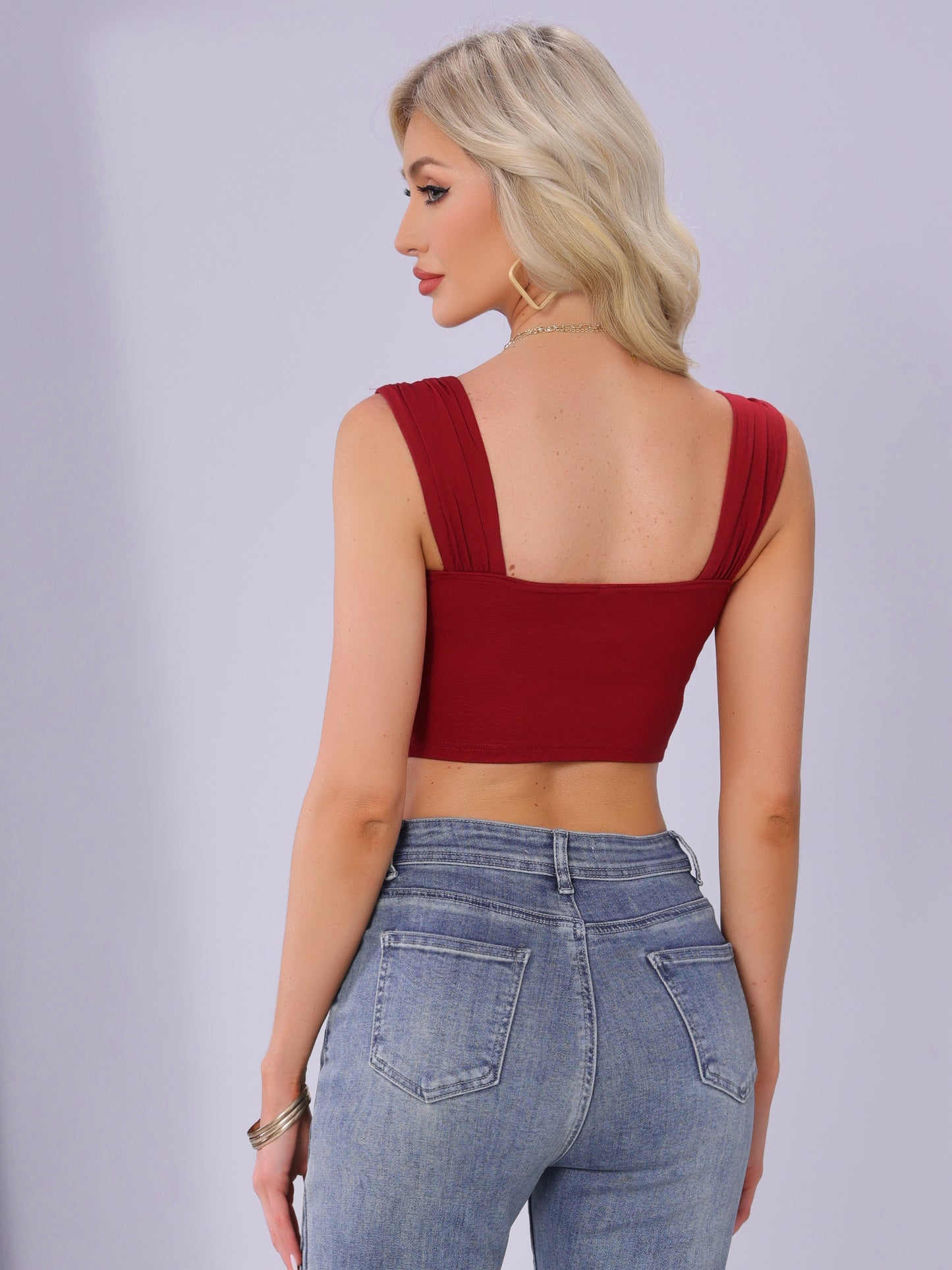 Women Strappy Tank Top Sleeveless Square Neck Fitted Night Out Party Crop Top
