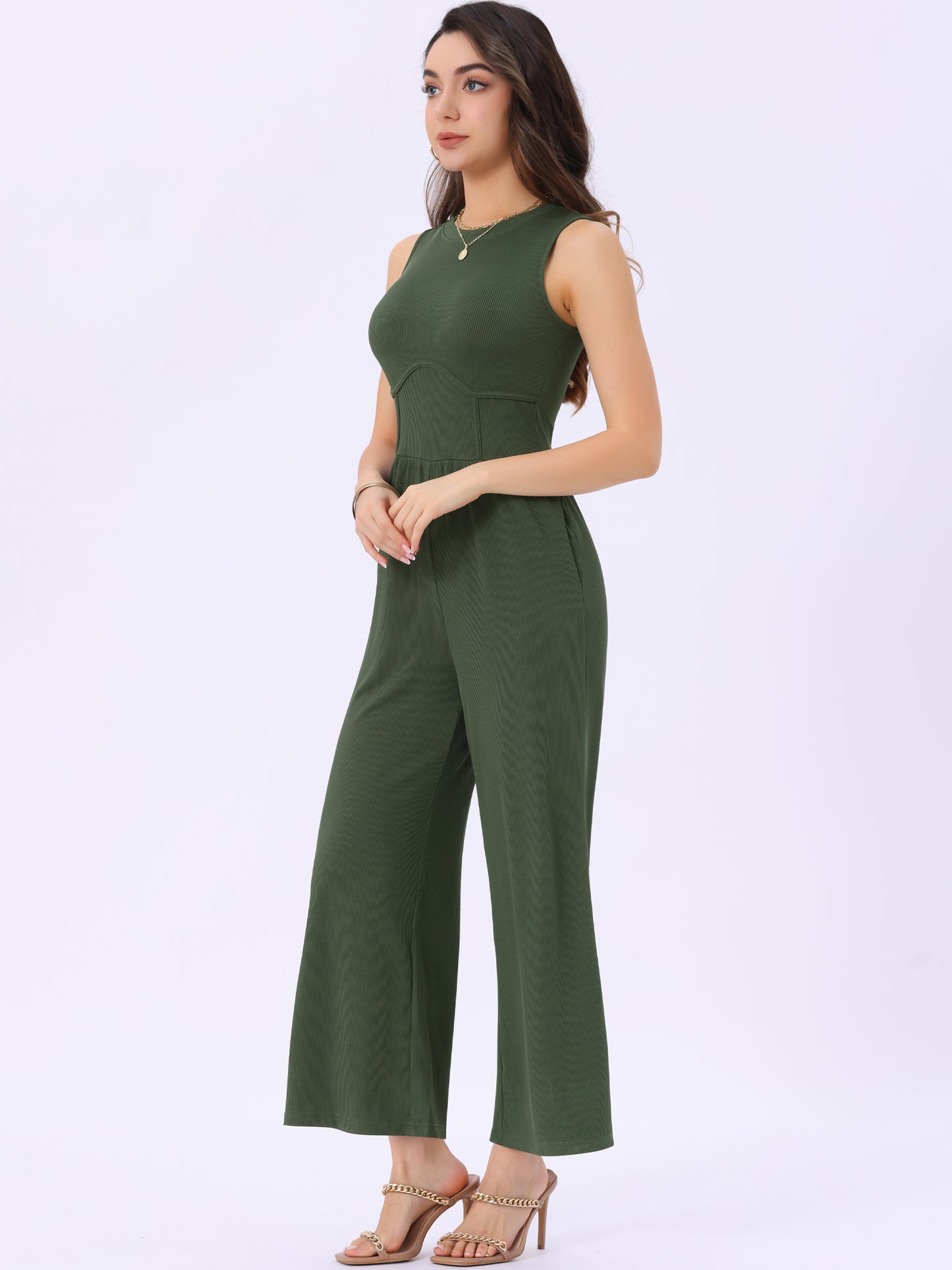 Women's Summer Jumpsuit Dressy Casual Outfits Sleeveless Crewneck Wide Leg Pants