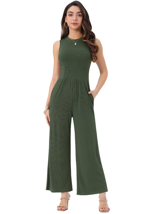 Women's Summer Jumpsuit Dressy Casual Outfits Sleeveless Crewneck Wide Leg Pants