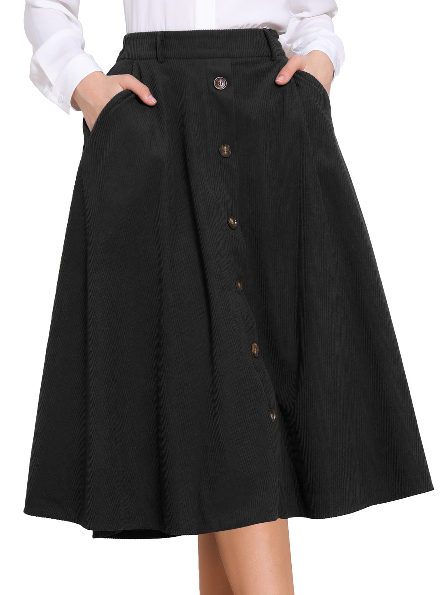 Women's Button Front A-line Midi High Waist Corduroy Skirt with Pockets Fall Winter
