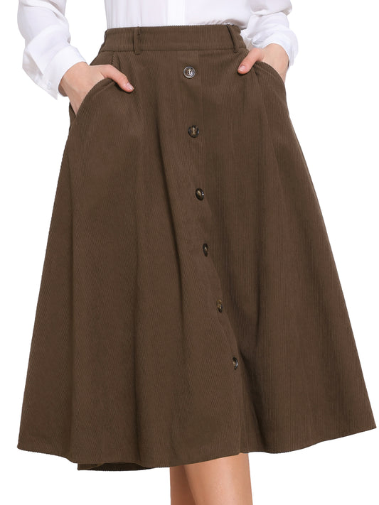 Women's Button Front A-line Midi High Waist Corduroy Skirt with Pockets Fall Winter
