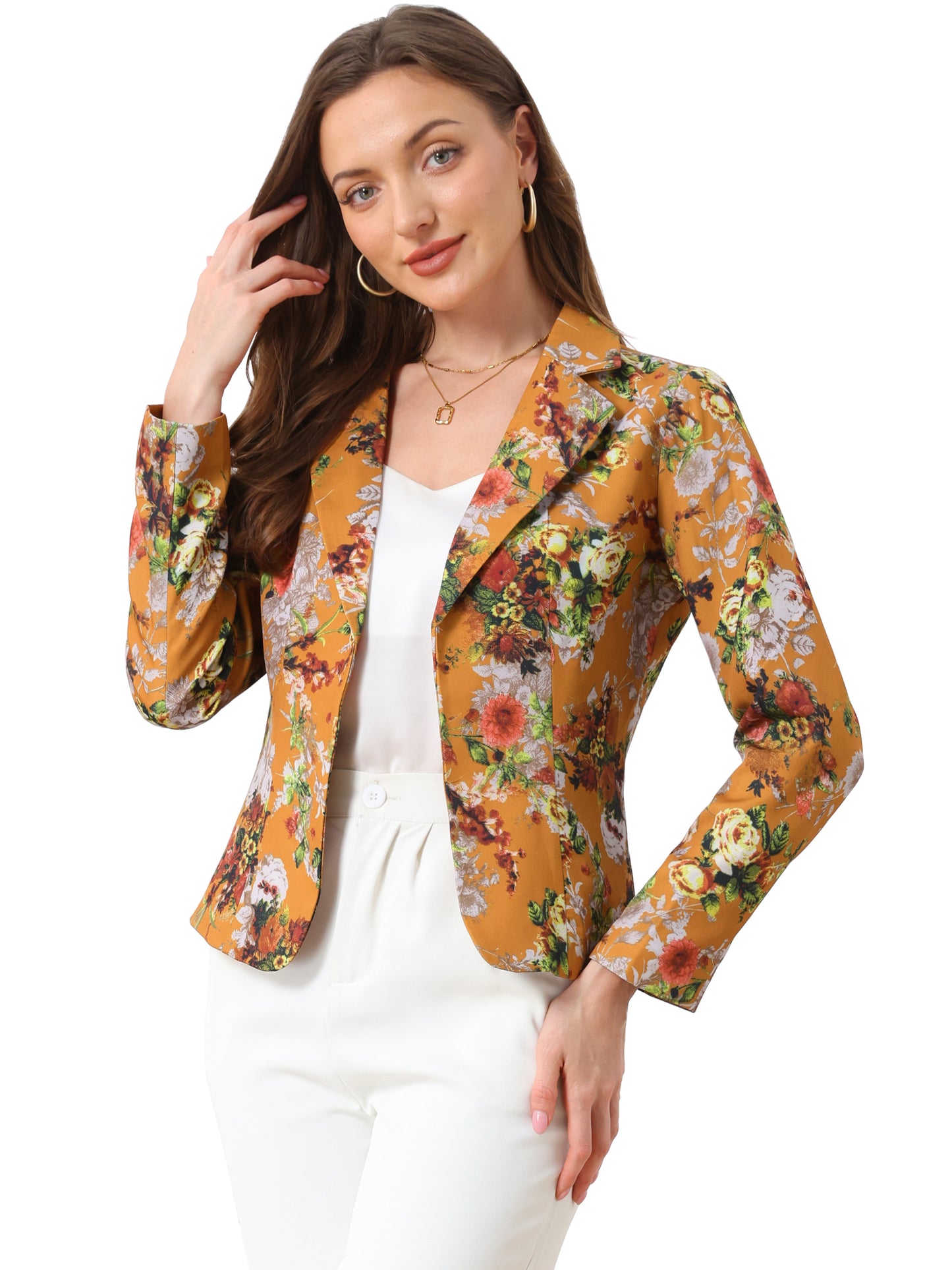 Women's Fitted Blazer Notch Lapel Printed Open Front Suit Jacket (Available in Plus Size)
