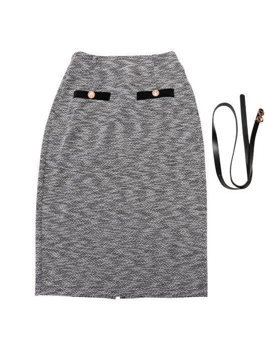 Women High Waisted Button Decor Bodycon Tweed Pencil Midi Skirt with Belt