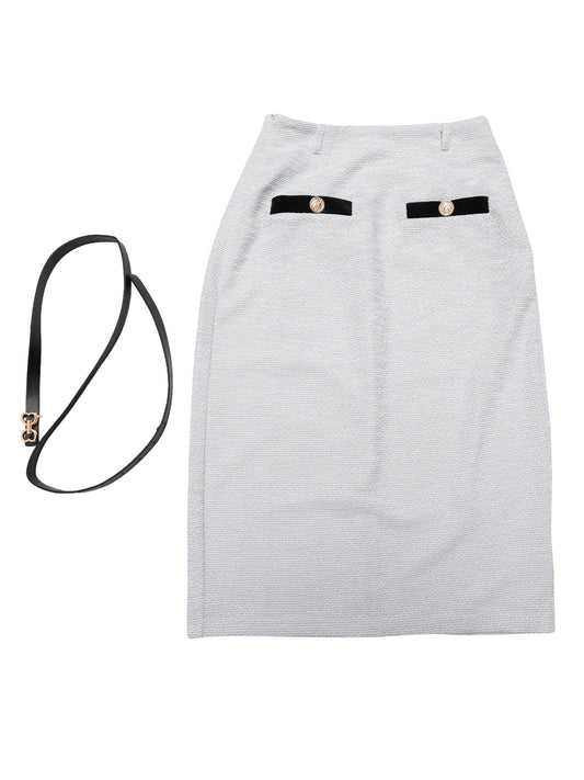 Women High Waisted Button Decor Bodycon Tweed Pencil Midi Skirt with Belt