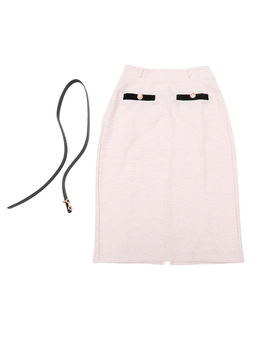 Women High Waisted Button Decor Bodycon Tweed Pencil Midi Skirt with Belt