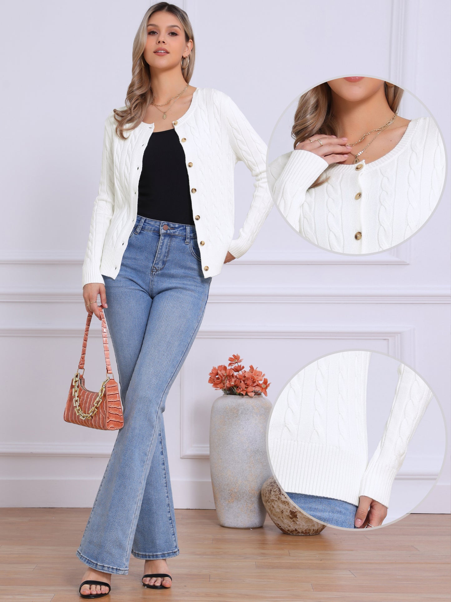 Women's Crew Neck Button Down Long Sleeve Casual Cardigan Sweater Knit Top