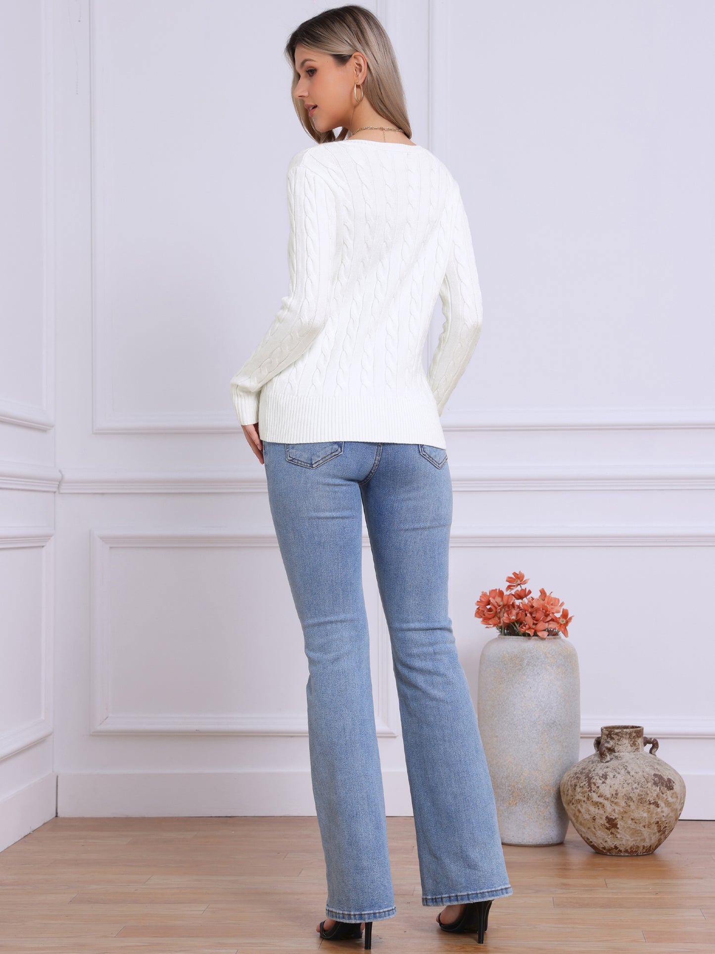 Women's Crew Neck Button Down Long Sleeve Casual Cardigan Sweater Knit Top
