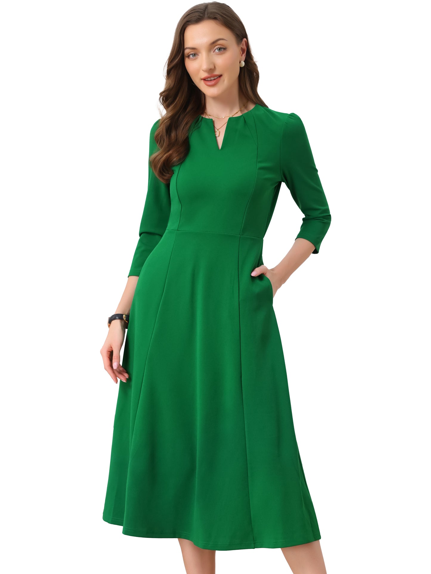 Women's 3/4 Sleeve Dresses V Neck Pockets Elegant Work Business Spring Fall A-Line Midi Dress (Available in Plus Size)