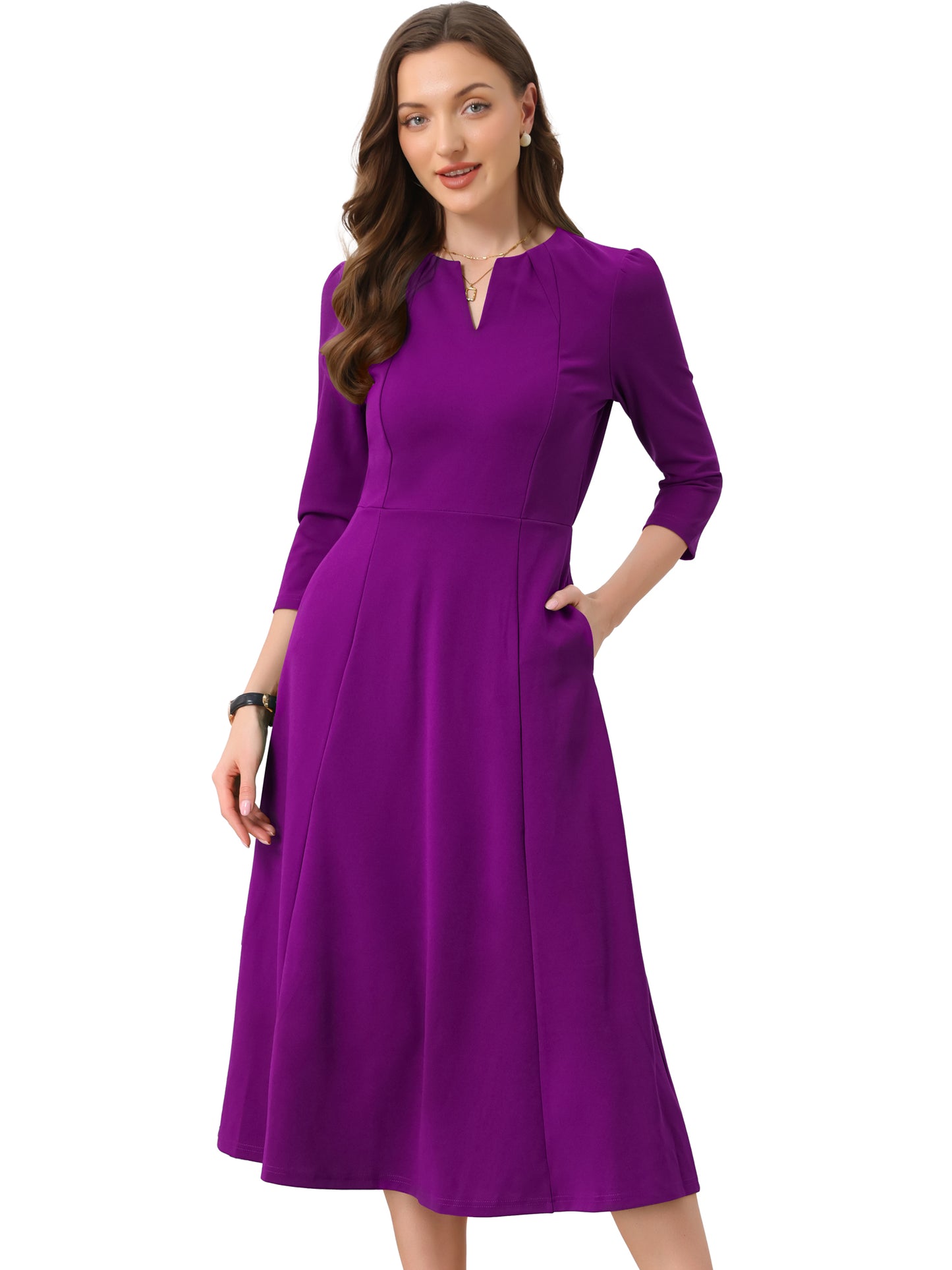 Women's 3/4 Sleeve Dresses V Neck Pockets Elegant Work Business Spring Fall A-Line Midi Dress (Available in Plus Size)