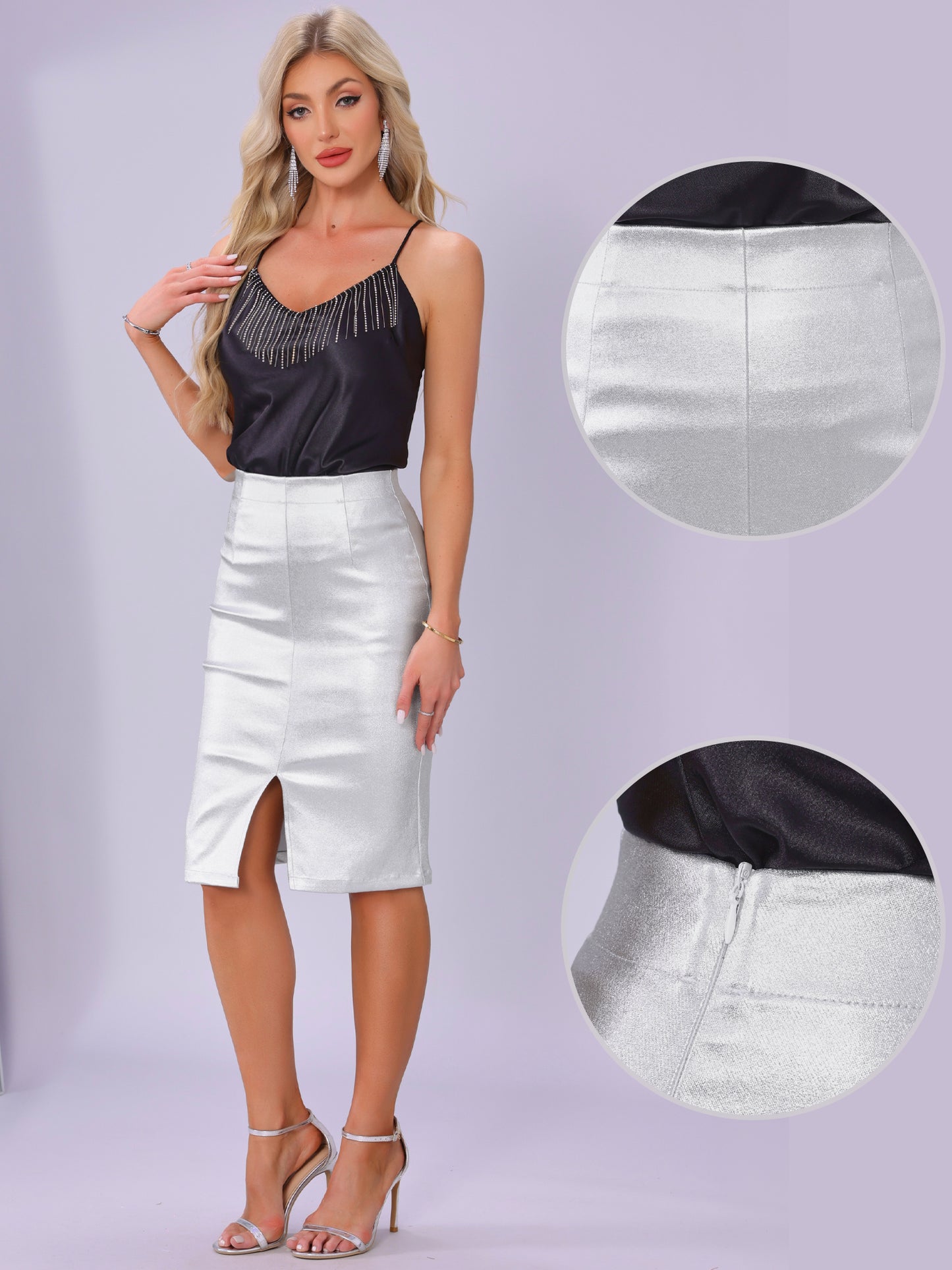 Women's Party High Waist Shining High Waist Bodycon Pencil Metallic Midi Skirt
