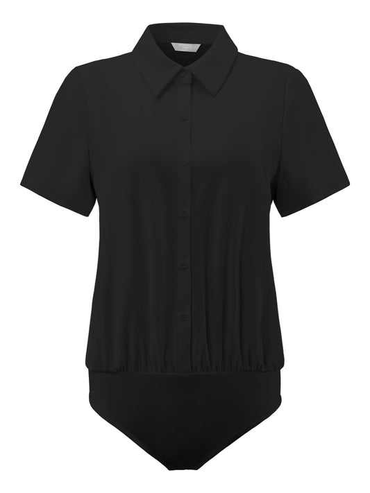 Women's Button Up Bodysuit Short Sleeve Collar Business Work Solid Leotard Shirt Top