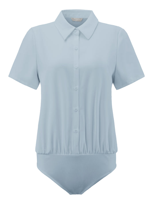 Women's Button Up Bodysuit Short Sleeve Collar Business Work Solid Leotard Shirt Top