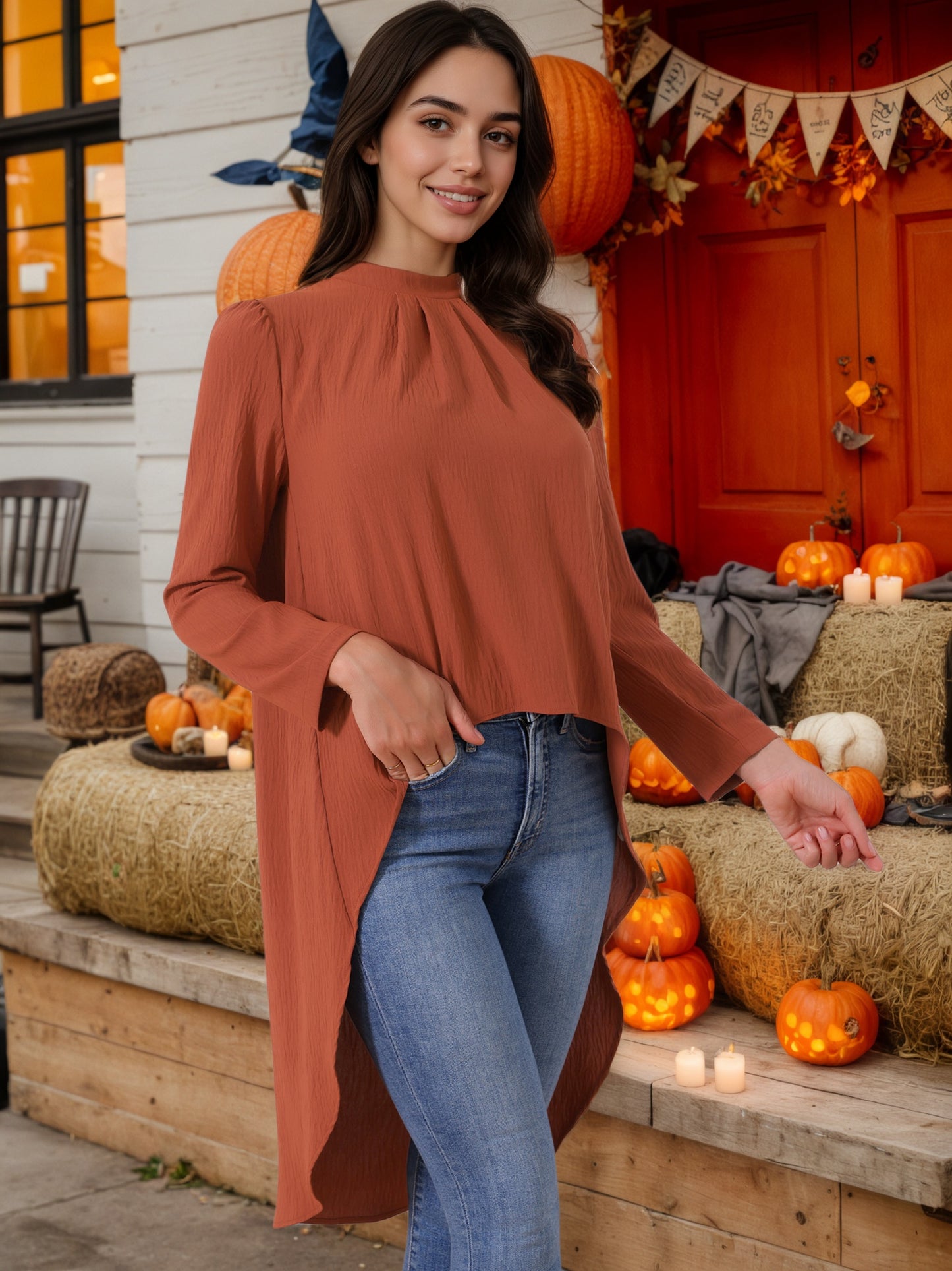 Women's High Low Long Sleeve Back Keyhole Round Neck Asymmetrical Hem Top Dressy Casual Blouse