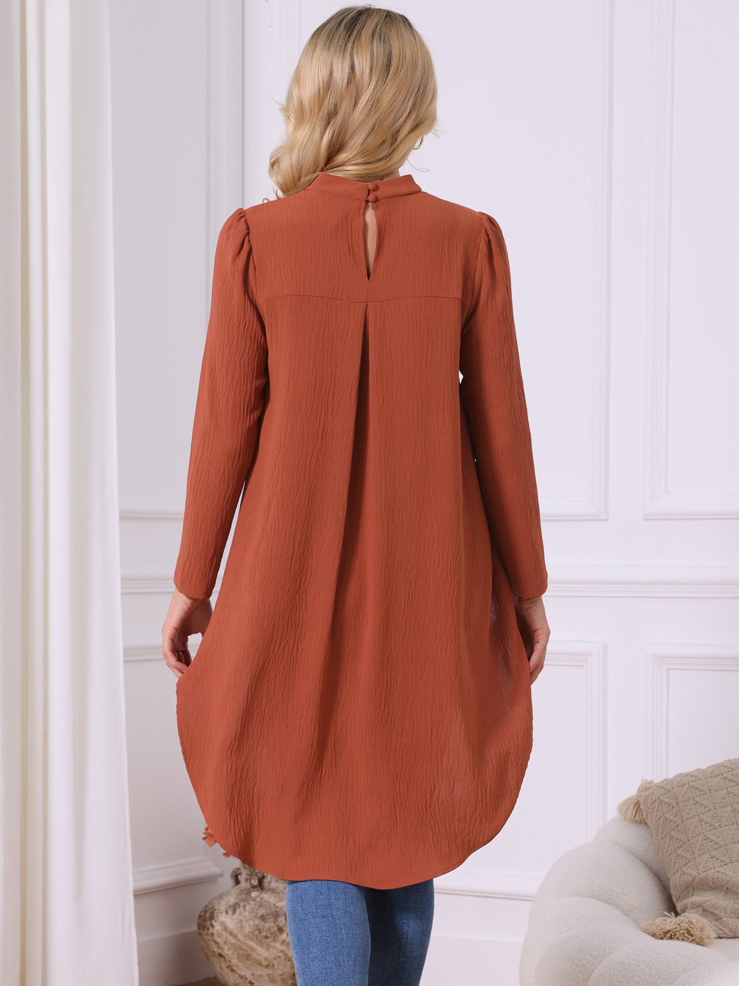 Women's High Low Long Sleeve Back Keyhole Round Neck Asymmetrical Hem Top Dressy Casual Blouse