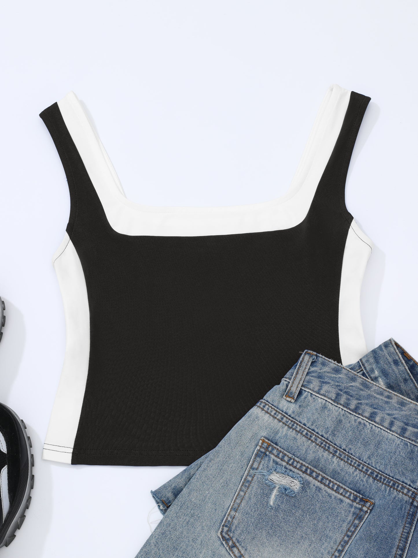 Women's Color Block Square Neck Tank Top Strappy Sleeveless Summer Crop Top