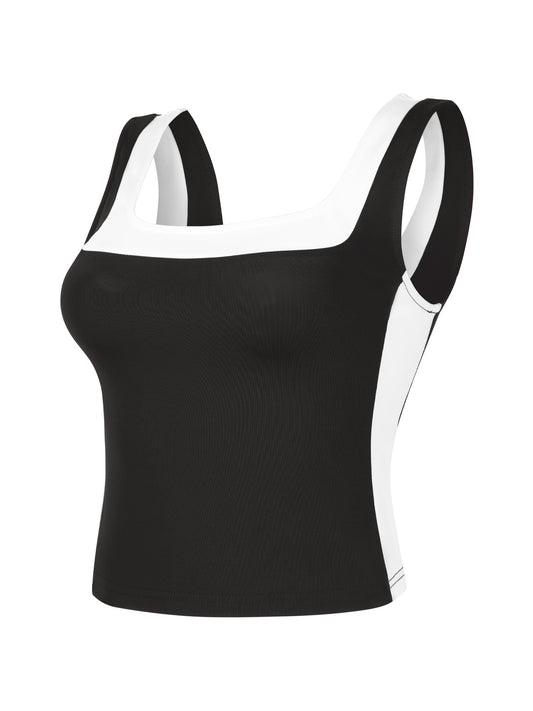 Women's Color Block Square Neck Tank Top Strappy Sleeveless Summer Crop Top