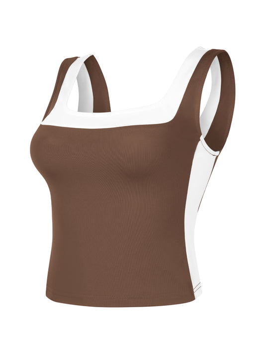 Women's Color Block Square Neck Tank Top Strappy Sleeveless Summer Crop Top