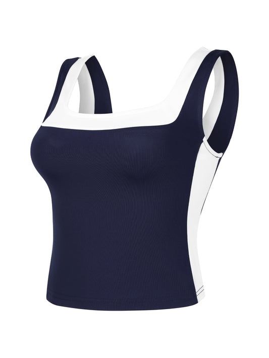 Women's Color Block Square Neck Tank Top Strappy Sleeveless Summer Crop Top