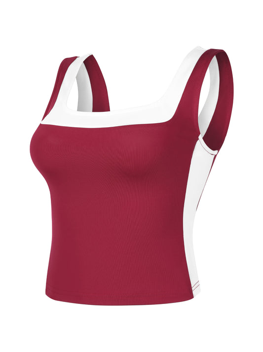 Women's Color Block Square Neck Tank Top Strappy Sleeveless Summer Crop Top