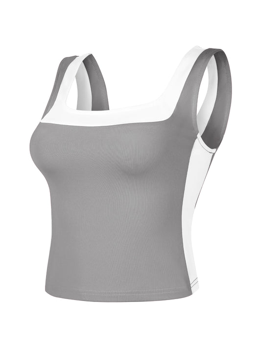Women's Color Block Square Neck Tank Top Strappy Sleeveless Summer Crop Top