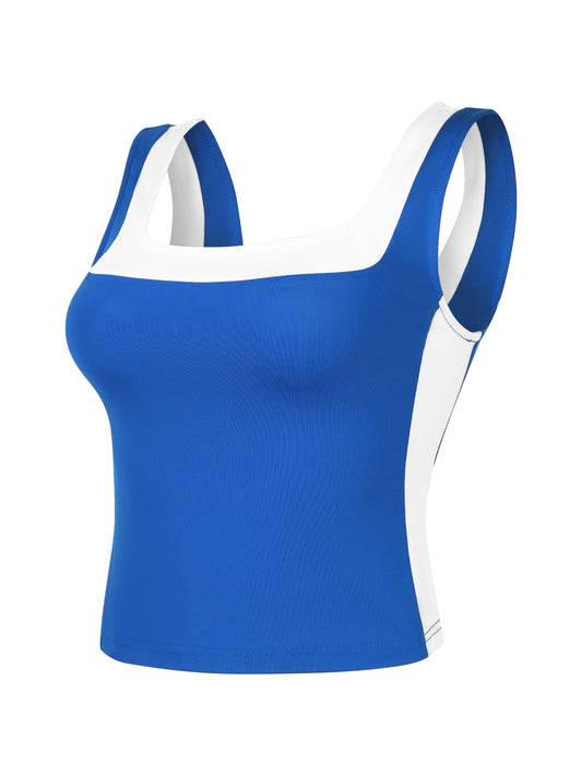 Women's Color Block Square Neck Tank Top Strappy Sleeveless Summer Crop Top