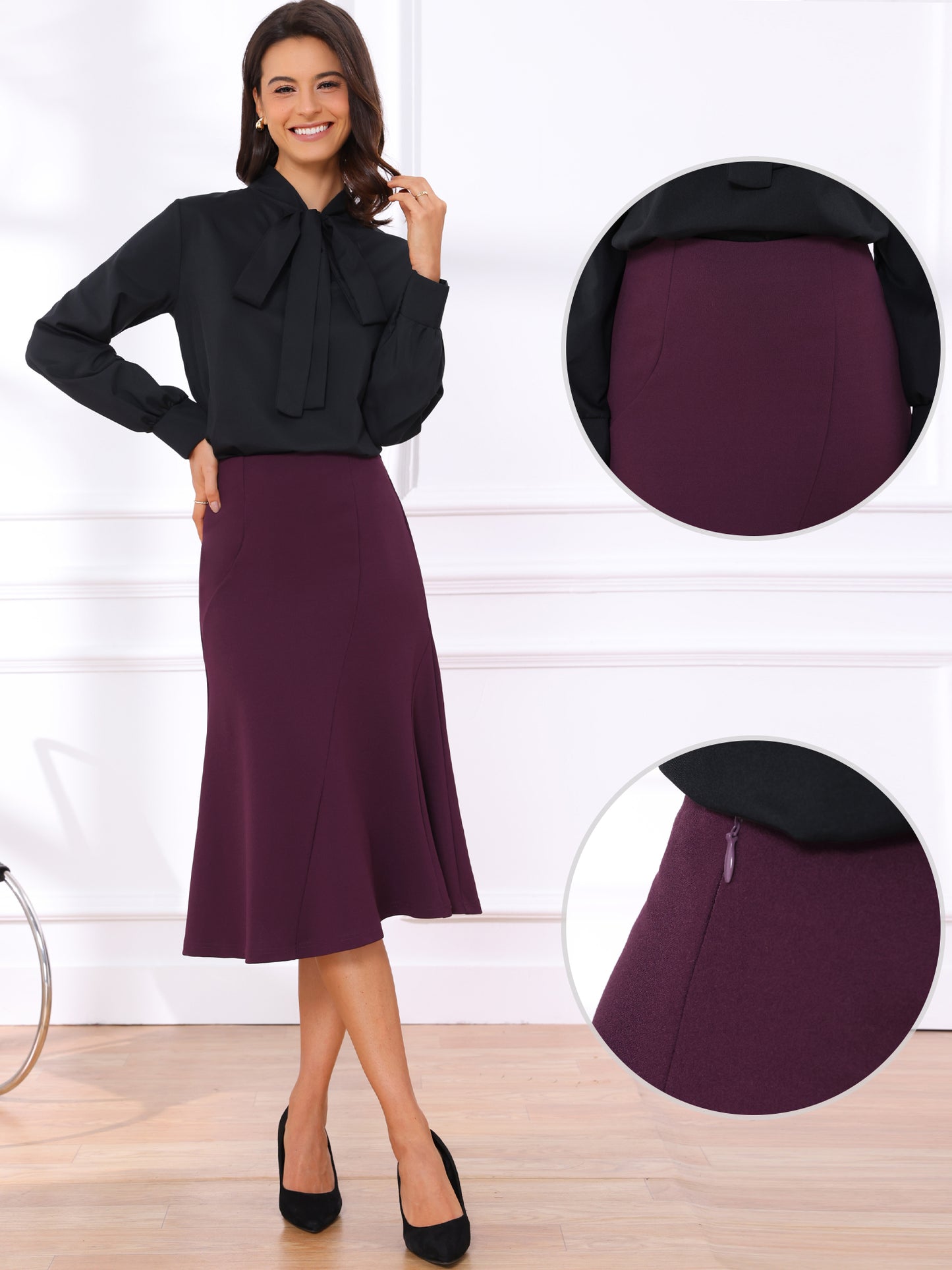 Women's High Waisted Flared Solid Color Business Casual Midi Skirt