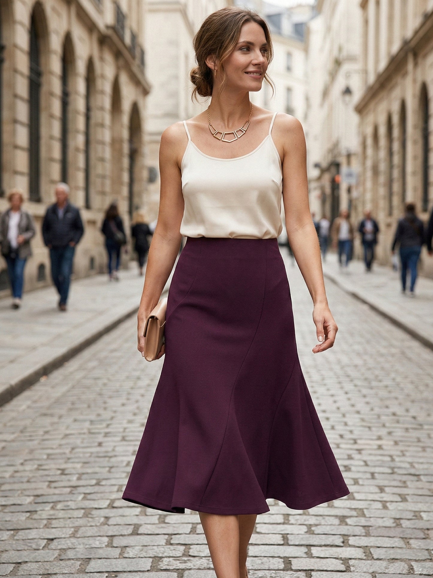 Women's High Waisted Flared Solid Color Business Casual Midi Skirt