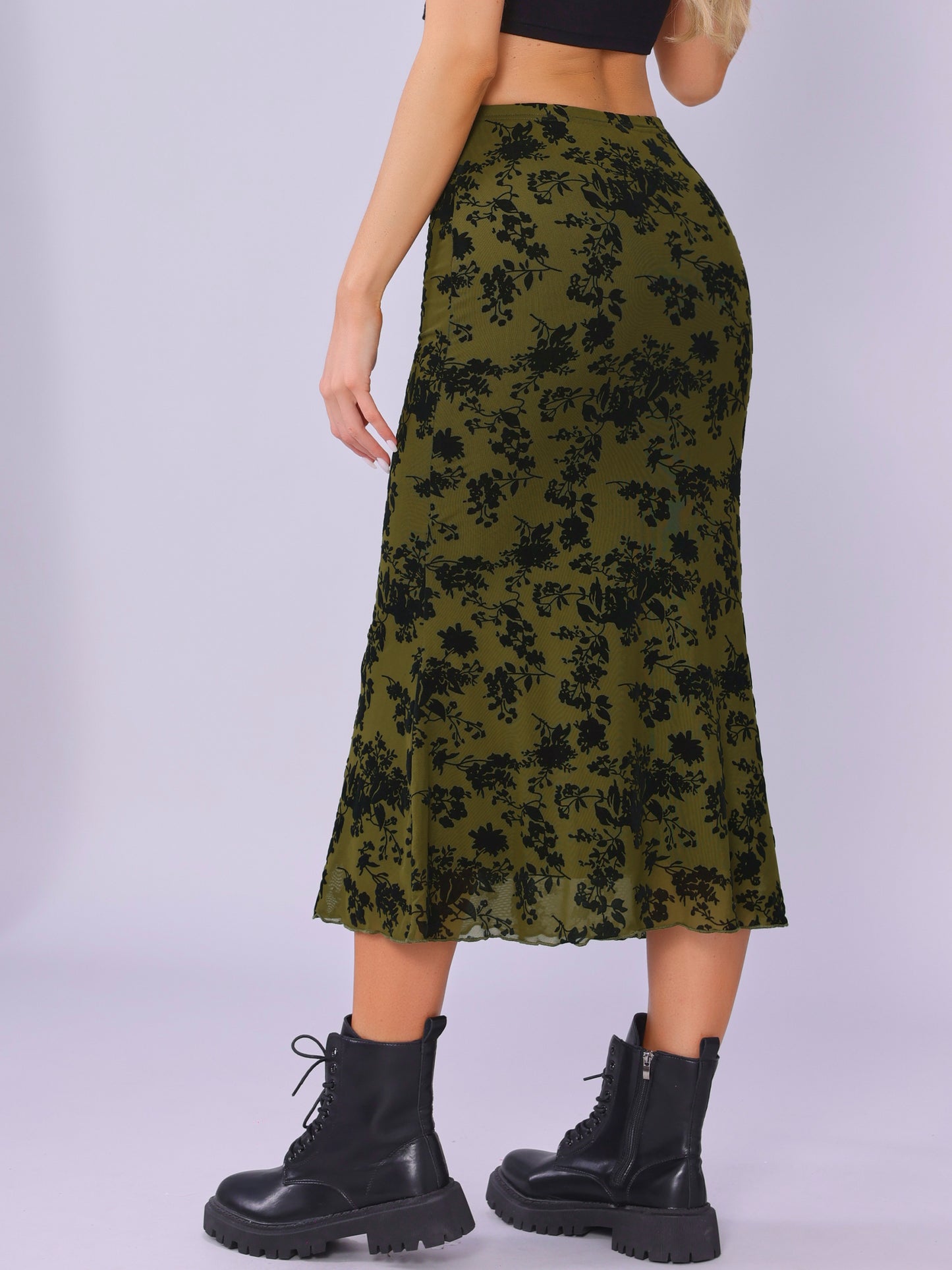 Women's Elastic High Waist Mesh Fishtail Floral Midi Skirt